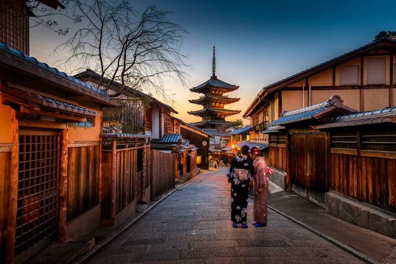 A traditional street and pagoda in Kyoto, Japan